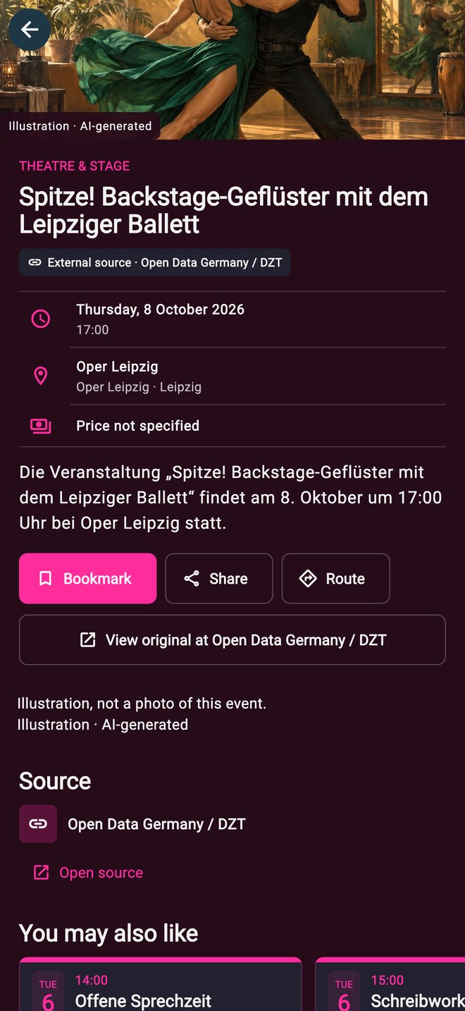 eVants event details showing dates, venue and source